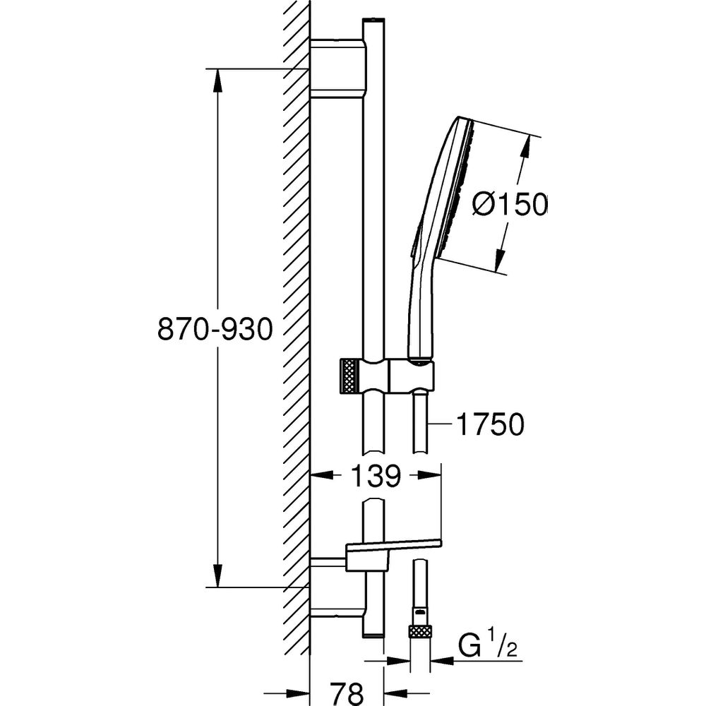 GROHE Brausegarnitur Rainshower SmartActive 150 Brausestange 90cm, 3 Strahlarten, chrom