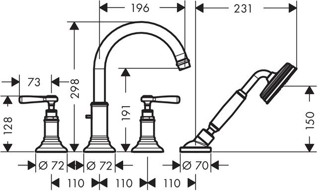 hansgrohe Fertigmontageset Axor Montreux 4-Loch-Armatur, Wannenrandmontage, Ausladung 196 mm, Hebelg-16550000