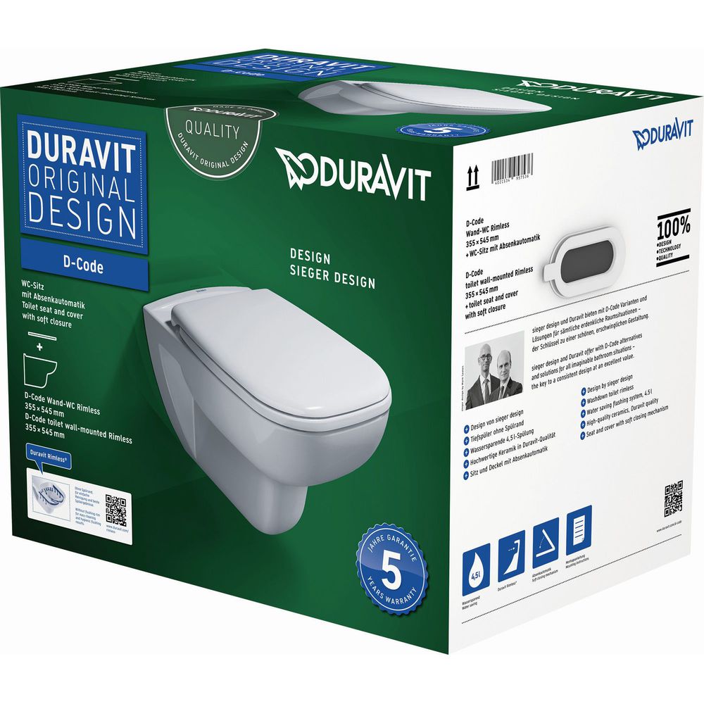 Duravit Wand-Tiefspül-WC Set D-Code mit WC-Sitz, Rimless, Durafix, weiß-45700900A1