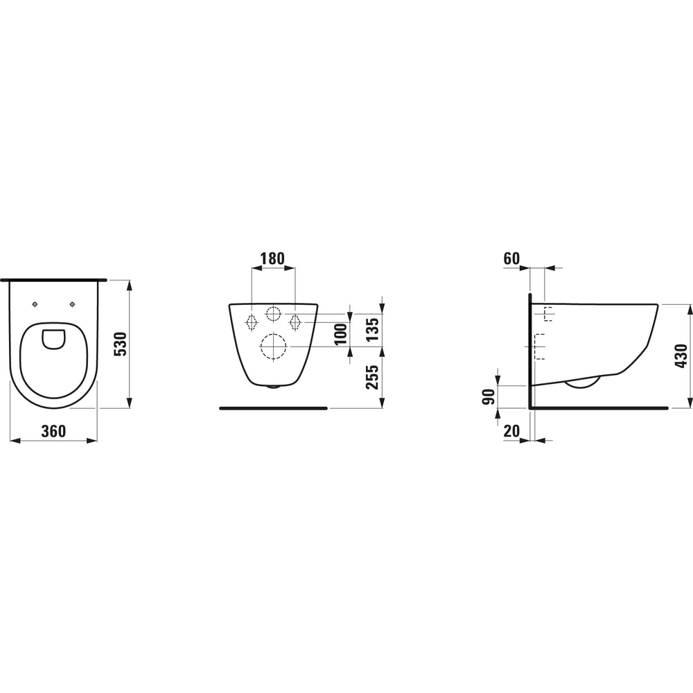 Laufen Wand-Tiefspül-WC LAUFEN PRO m. verdeckter Befestigung weiß, spülrandlos, Ausladung 53 cm