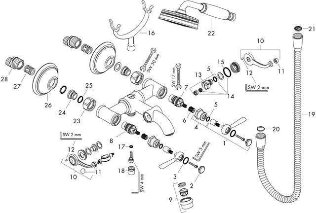 hansgrohe AXOR Montreux 2-Griff Wannenarmatur Aufputz mit Hebelgriffen