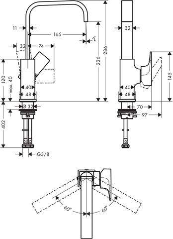 hansgrohe Metropol Einhebel-Waschtischmischer 230 mit Hebelgriff Ausladung 165mm, mit Push-Open Abla-32511000