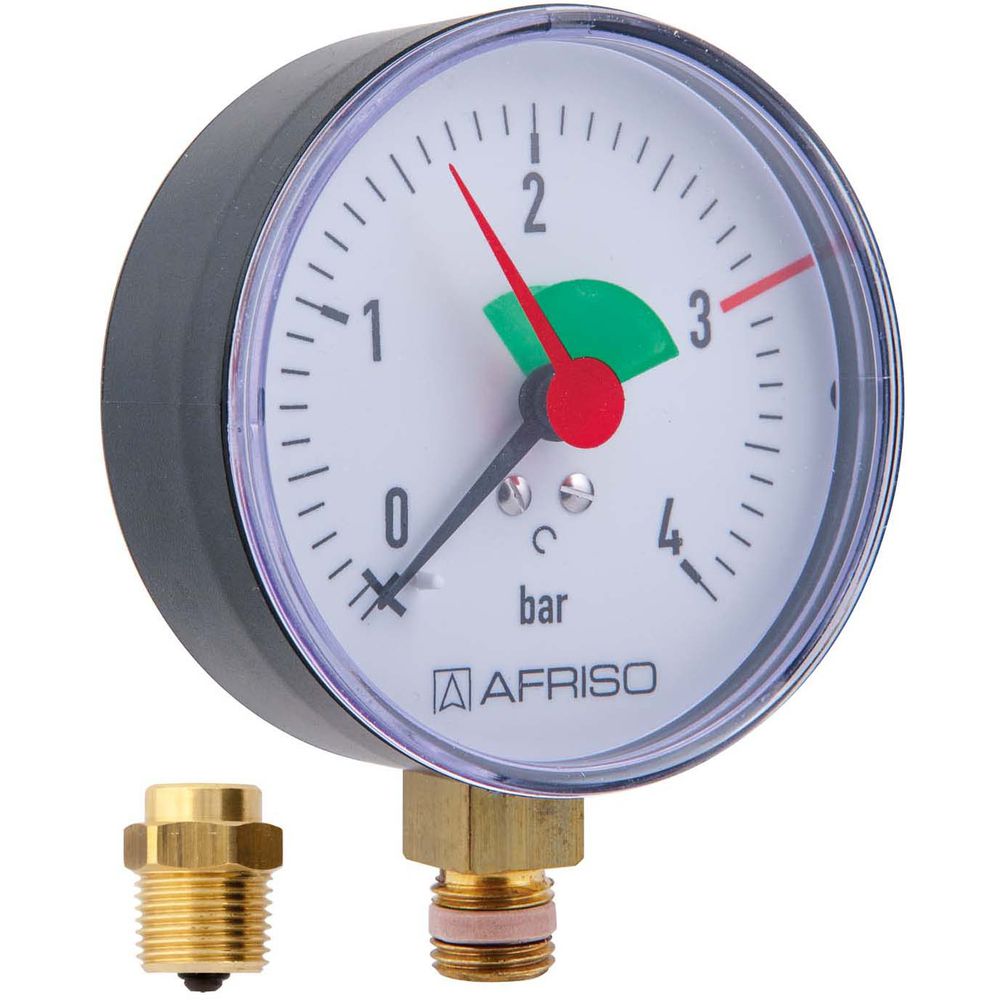 Afriso Rohrfedermanometer HZ 80 radial 0/4 bar, G 1/4 mit Ventil G1/4xG 1/2, d= 80mm-63913