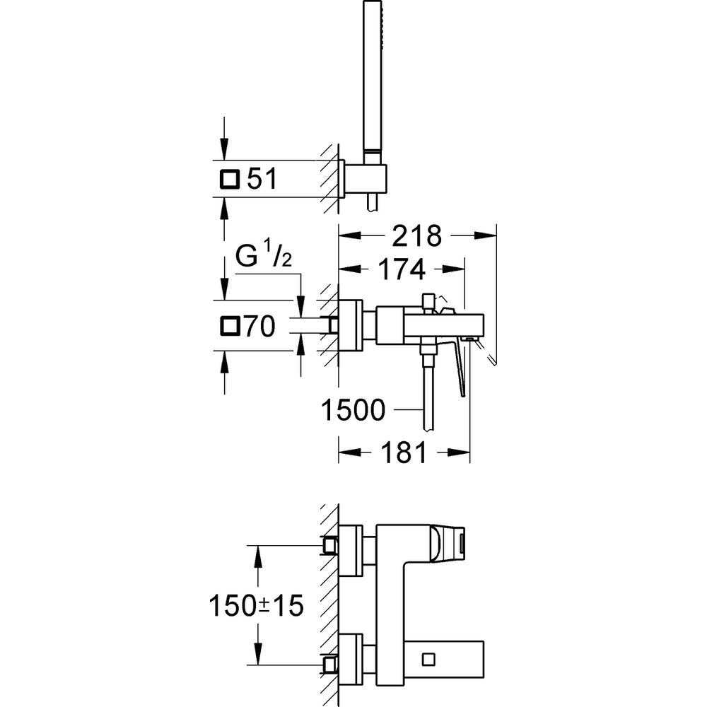 GROHE Wannen-Einhebelmischer Eurocube 1/2", mit Brausegarnitur, Wandmontage, chrom -23141000