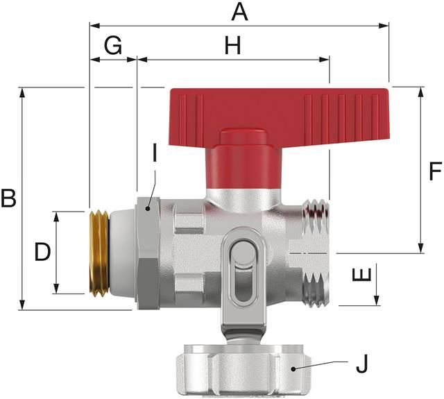 Simplex KFE-Kugelhahn G 1/2 M, mit rotem Flügelgriff, Durchgang, mit AG, vernickelt, mit Schlauchver-F10638