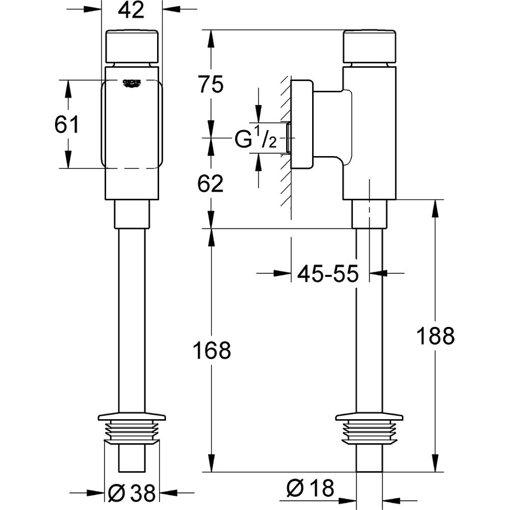 GROHE Urinal-Druckspüler Rondo 1/2", ohne Vorabsperrung, chrom 