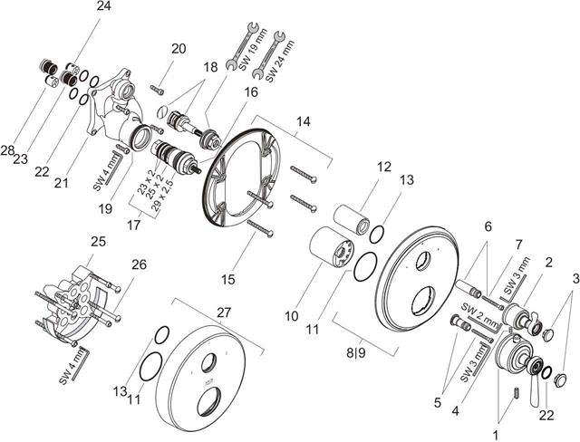 hansgrohe Fertigmontageset Axor Montreux UP-Thermostatbatterie, mit Ab-/Umstellventil, Hebelgriff, chrom