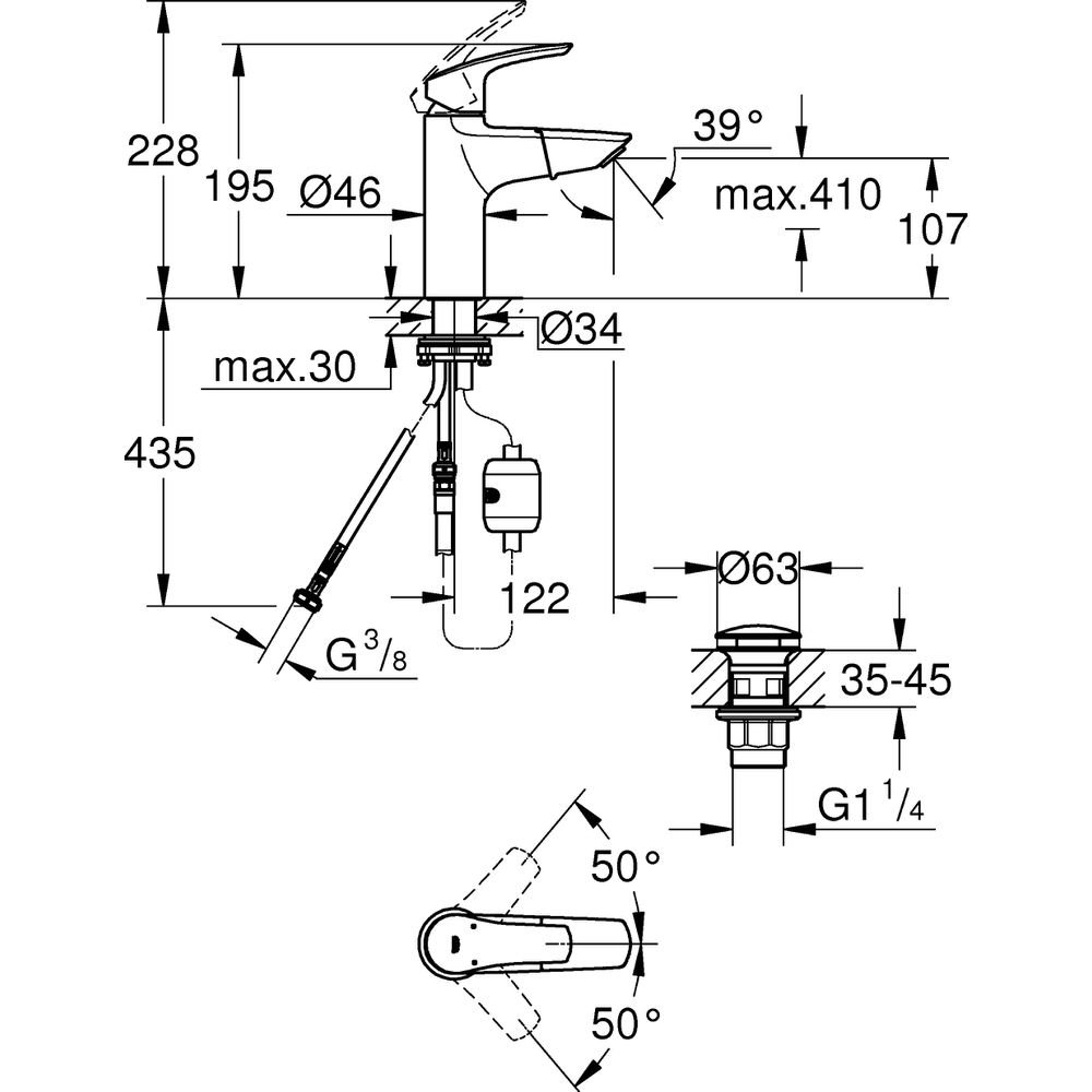 GROHE Waschtisch-Einhebelmischer Eurosmart 1/2", M-Size, herausziebarer Auslauf, mit Push-Open-Ablaufgarnitur, chrom -23976003