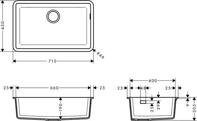 hansgrohe Unterbauspüle S510-U660 710x450mm, 1 Hauptbecken, graphitschwarz