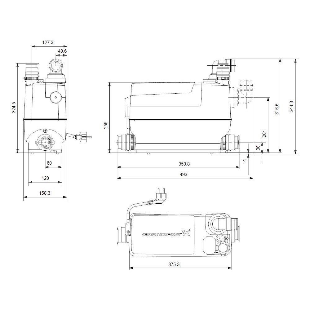 Grundfos Kleinhebeanlage Sololift2 Typ C-3 446 x 159 x 339 mm, 0,64 kW, 1 x 230-240 V