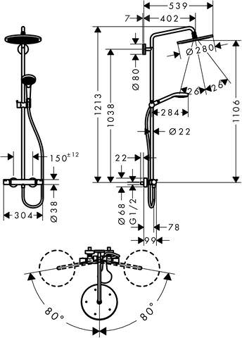 Showerpipe Croma Select S S280 1jet, mit Brausearm 400 mm schwenkbar, chrom