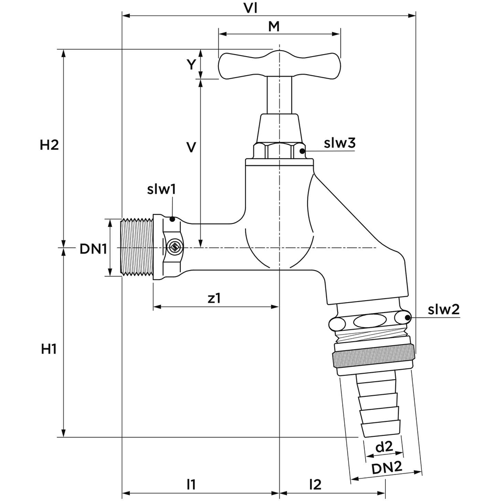 Auslaufventil, Messing, m. Knebelgriff m. RV u. Beluefter, matt verchromt, 3/4" 