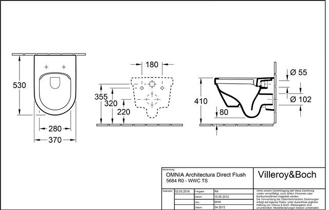 V&B Combi-Pack-Wand-Tiefspüler Architectura spülrandlos, mit WC-Sitz, weiß