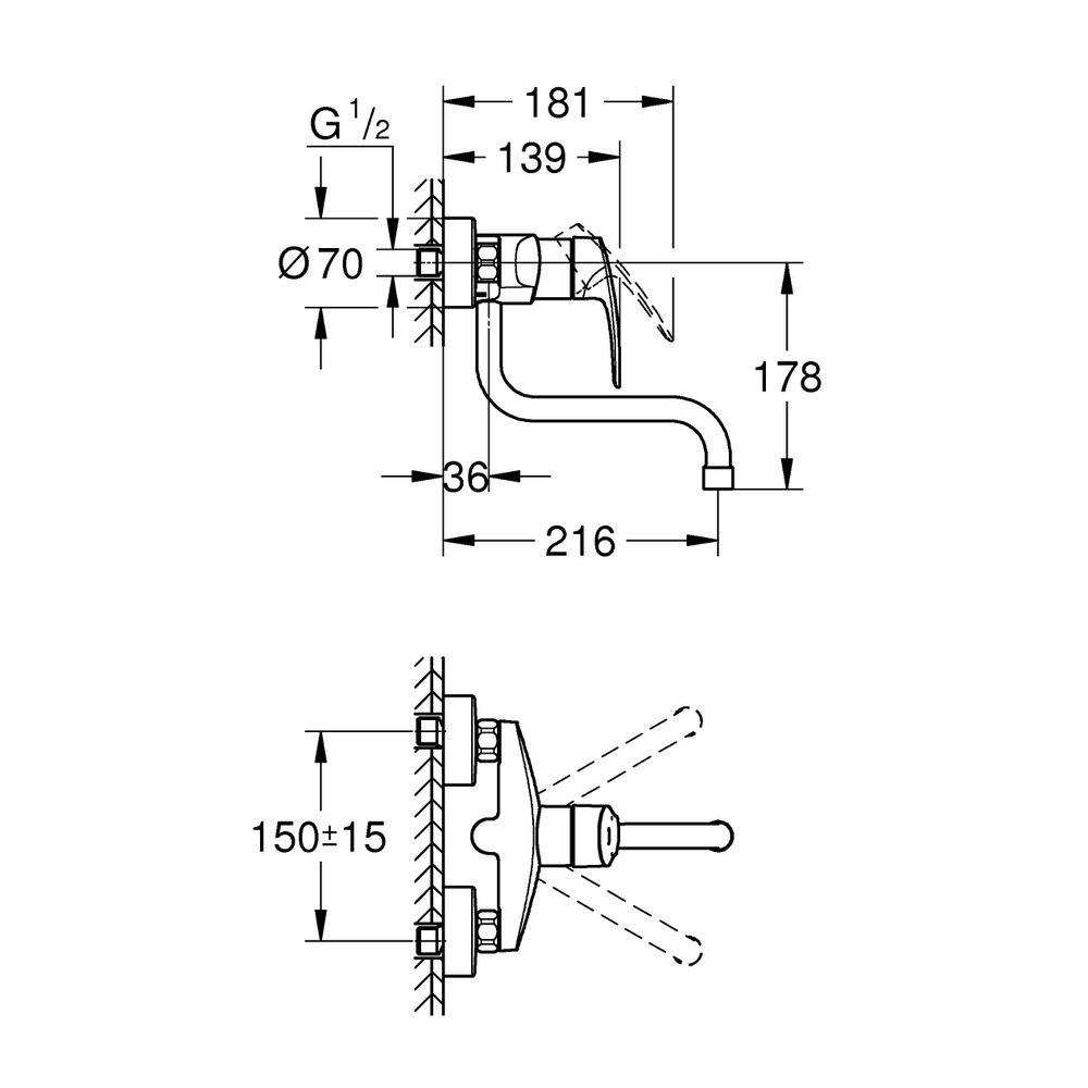 GROHE Wand-Spültisch-Einhebelmischer Eurosmart 1/2", Ausladung 216mm, chrom -31391003