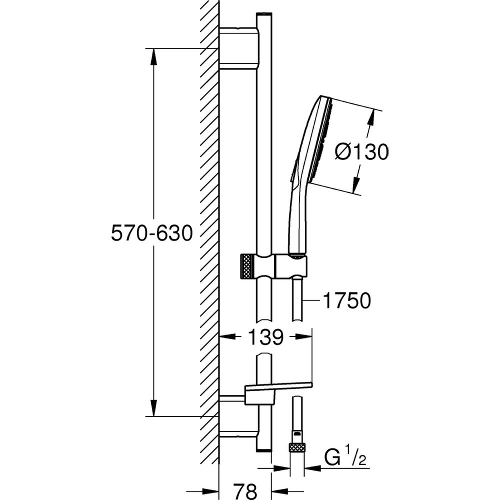 GROHE Brausegarnitur Rainshower SmartActive 130 Brausestange 60cm, 3 Strahlarten, chrom