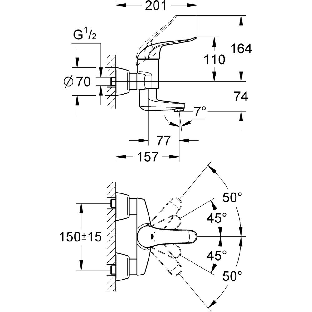 GROHE Waschtisch-Einhebelmischer Euroeco Special 1/2", Ausladung 15,7 cm, S-Anschlüsse, chrom 