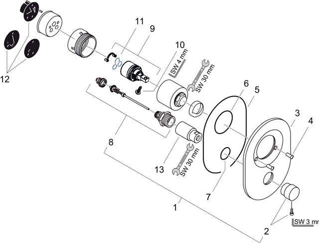 hansgrohe Umrüstset-Wannenmischer chrom, Unterputz, Lochabstand 80mm, mit Zugknopf