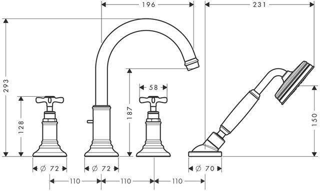 hansgrohe Fertigmontageset Axor Montreux DN 15, chrom, 4-Loch-Armatur, Wannenrandmontage, Kreuzgriff