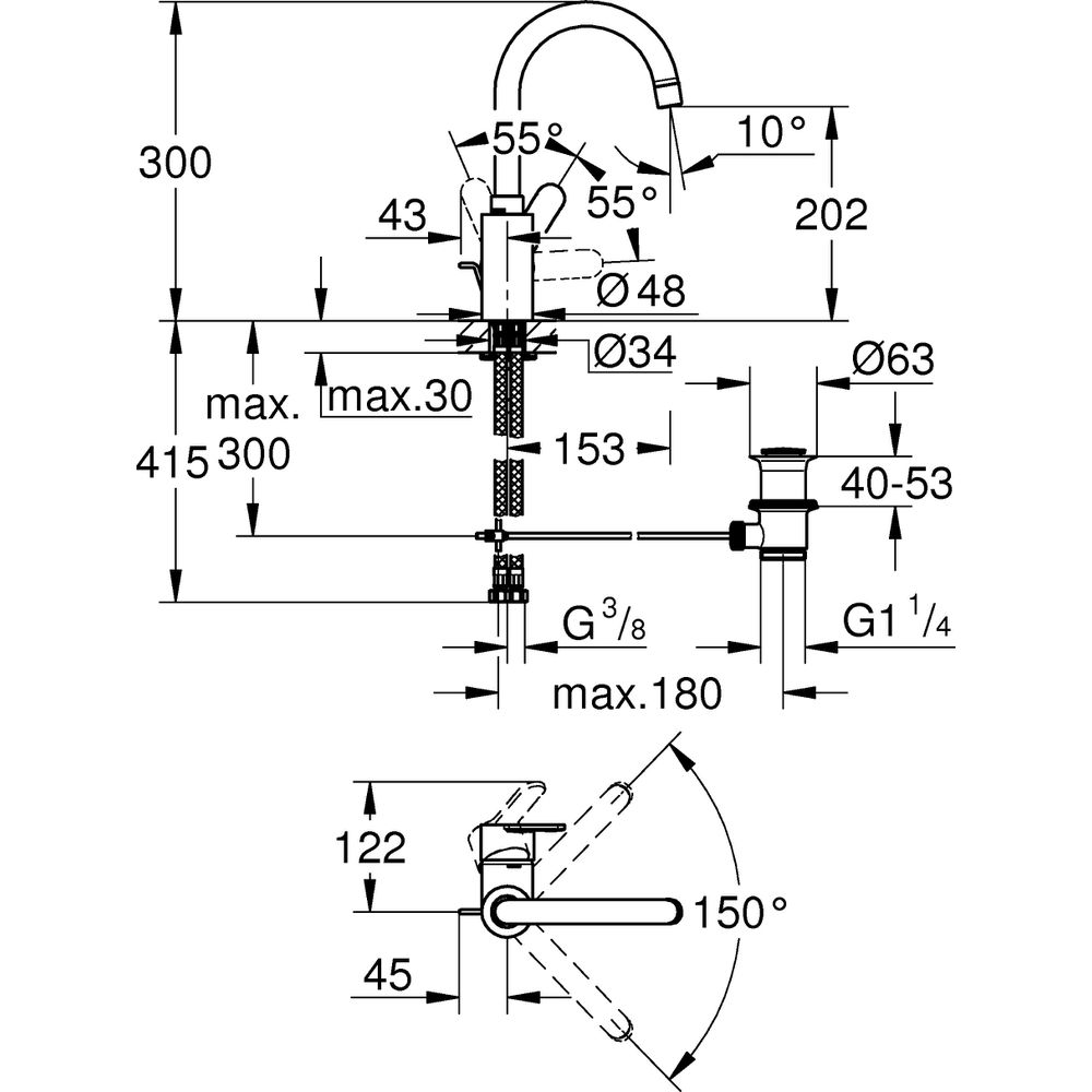 GROHE Waschtisch-Einhebelmischer Eurostyle Cosmopolitan 1/2", L-Size, mit Ablaufgarnitur innenliegende Wasserführung, chrom -23043003