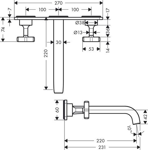 hansgrohe Fertigmontageset Axor Citterio E UP, Waschtisch-3-Loch-Armatur, mit Platte für Wandmontage