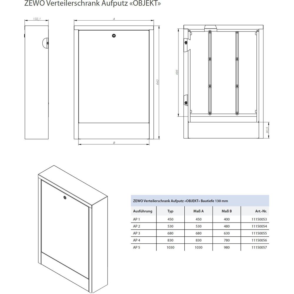 Zewotherm Aufputz-Verteilerschrank Objekt weiß, AP 12-15 Heizkreise, Breite 1030 mm, Bautiefe 130 m-11150057