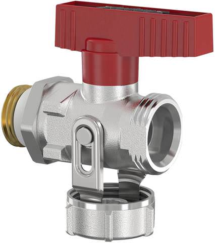 Simplex KFE-Kugelhahn G 1/2 M, mit rotem Flügelgriff, Durchgang, mit AG, vernickelt, mit Schlauchver