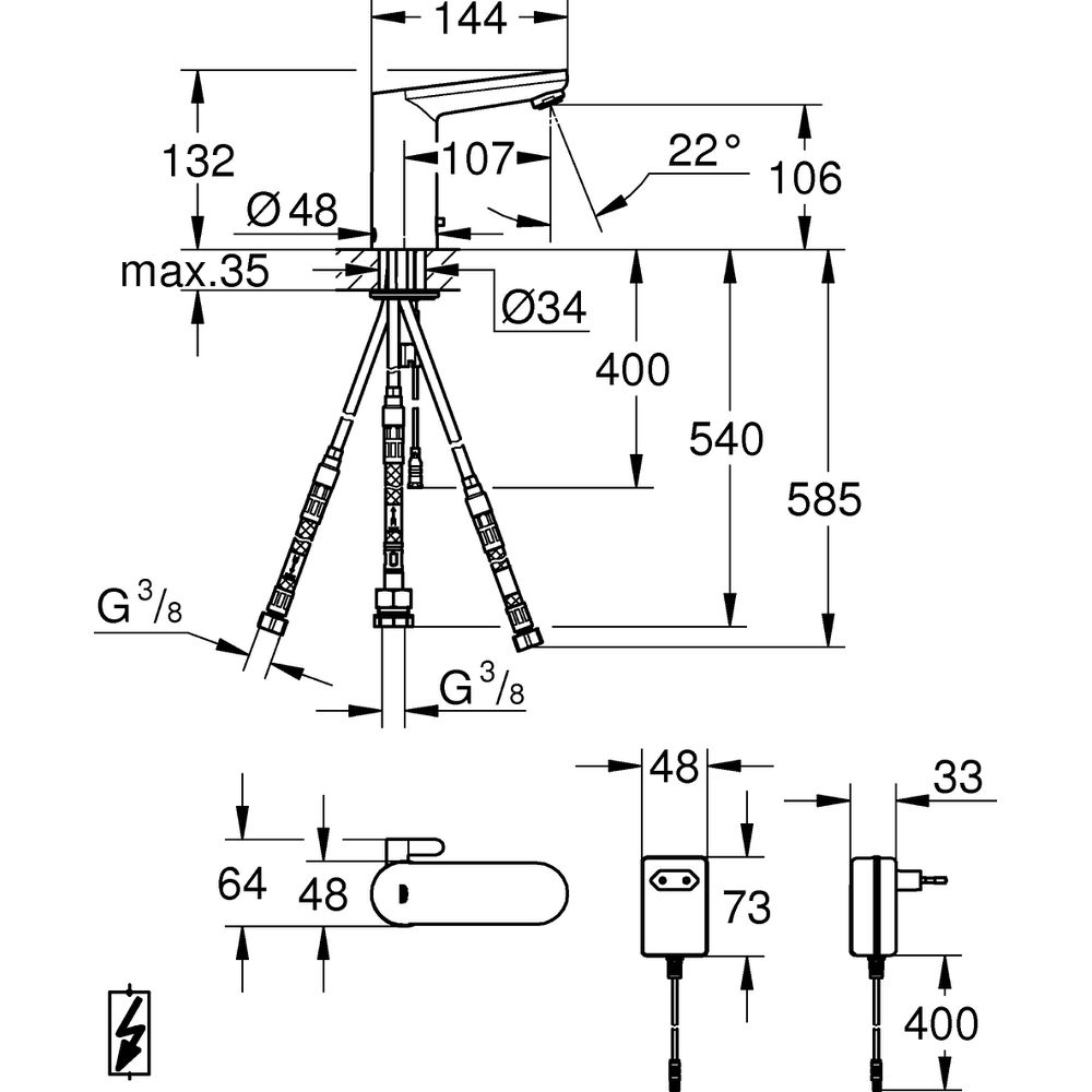 GROHE Infrarot-Waschtisch-Armatur Eurosmart CE ND, mit Mischung, Steckertrafo, chrom-36324001