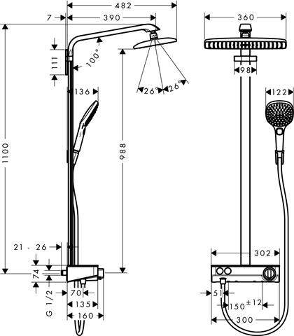 hansgrohe Showerpipe Raindance Select E 360 1jet, mit Brausearm 380mm und Ablage, chrom