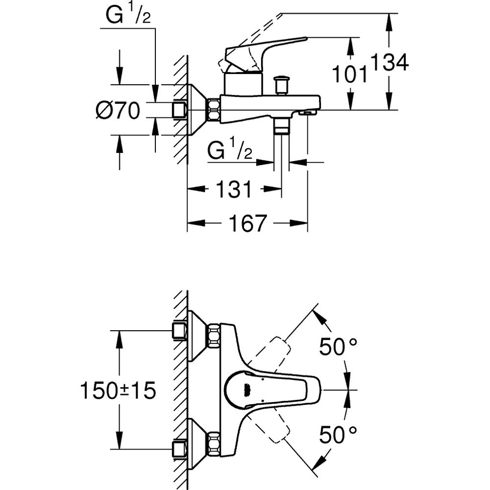 GROHE Wannen-Einhebelmischer BauFlow 1/2", Wandmontage, chrom 