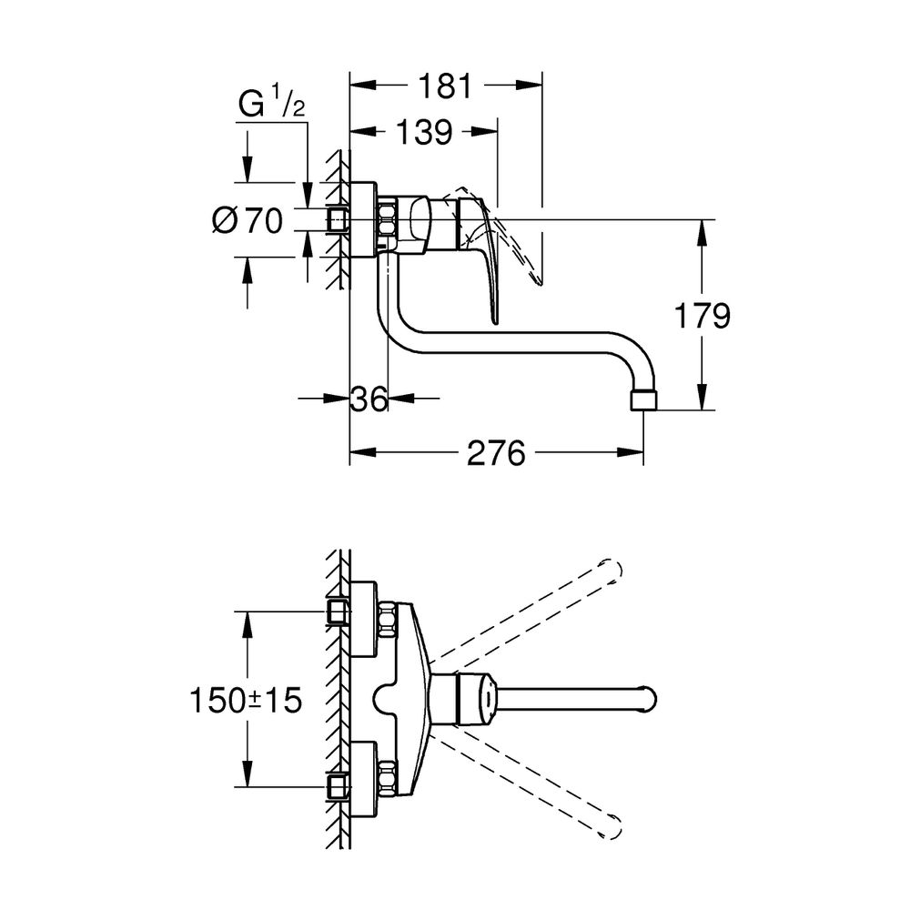 GROHE Wand-Spültisch-Einhebelmischer Eurosmart  1/2", Ausladung 276mm, chrom -32224003