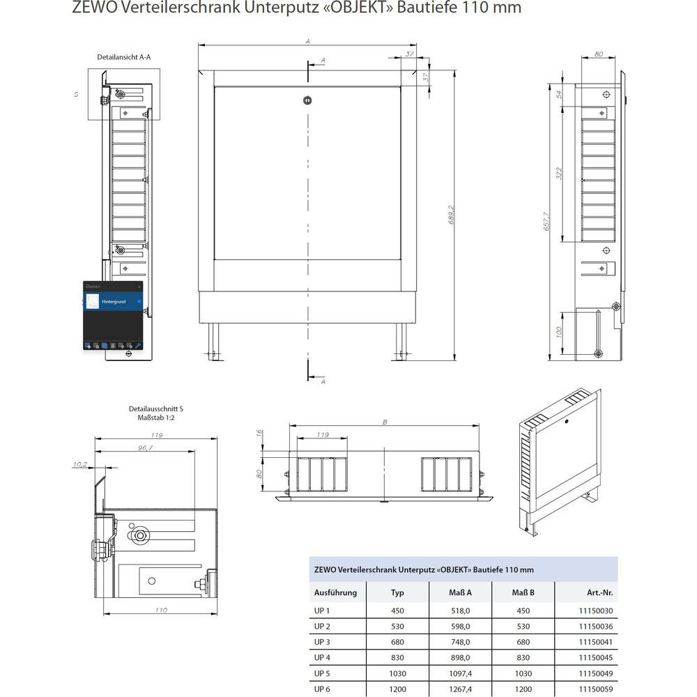 Zewotherm Unterputz-Verteilerschrank Objekt weiß, UP 9-11 Heizkreise, Breite 830 mm, Bautiefe 110 m-11150045