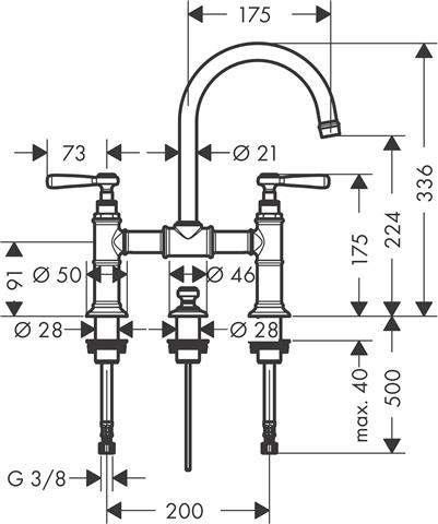 Waschtisch-Zweigriff-Brücken-Armatur Axor Montreux 220 DN 15, chrom, Ausladung 175mm, mit Ablaufgarn-16511000