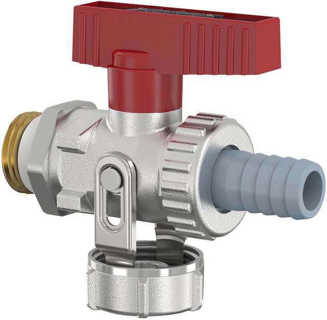 Simplex KFE-Kugelhahn G 1/2 M, mit rotem Flügelgriff, Durchgang, mit AG, vernickelt, mit Schlauchver