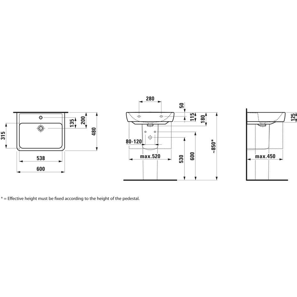 Laufen Waschtisch PRO A ÜL, 1 HL, weiß 60 x 48 cm, unterbaufähig-H8189520001041