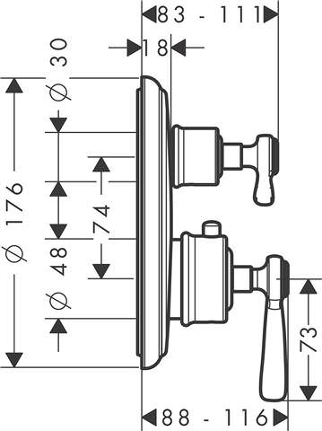 hansgrohe Fertigmontageset Axor Montreux UP-Thermostatbatterie, mit Ab-/Umstellventil, Hebelgriff, chrom