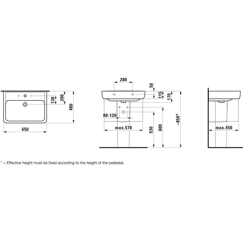 Laufen Waschtisch PRO A ÜL, 1 HL, weiß 65 x 48 cm, unterbaufähig-H8189530001041