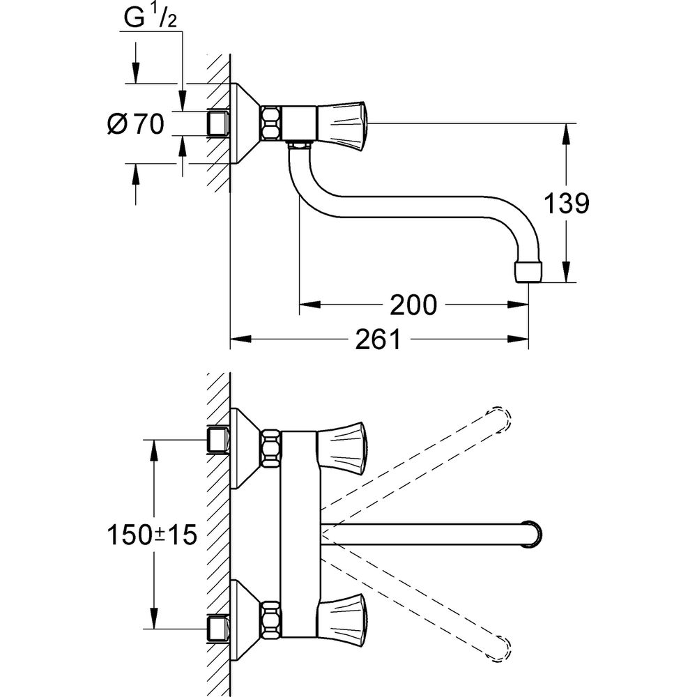 GROHE Zweigriff-Spültisch-Wand-Armatur Costa 1/2", Ausladung 20cm, Metallgriffe, wärmeisoliert, chrom-31187001