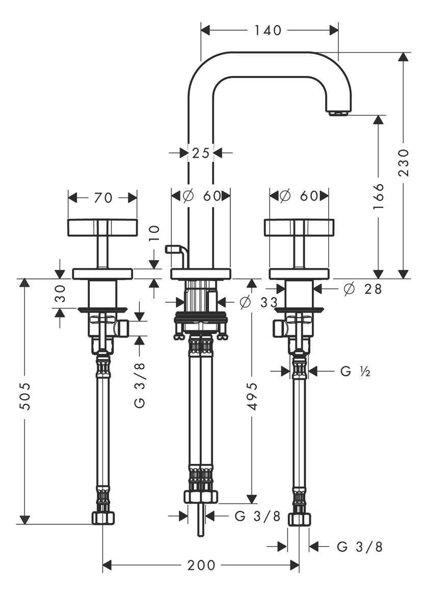 hansgrohe Waschtisch-3-Loch-Armatur Axor Citterio Auslauf 140 mm, Kreuzgriffe, Ablaufgarnitur, chrom