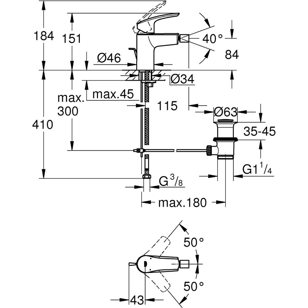 GROHE Bidet-Einhebelmischer Eurosmart 1/2", mit Ablaufgarnitur, Temperaturbegrenzer, chrom -32929003