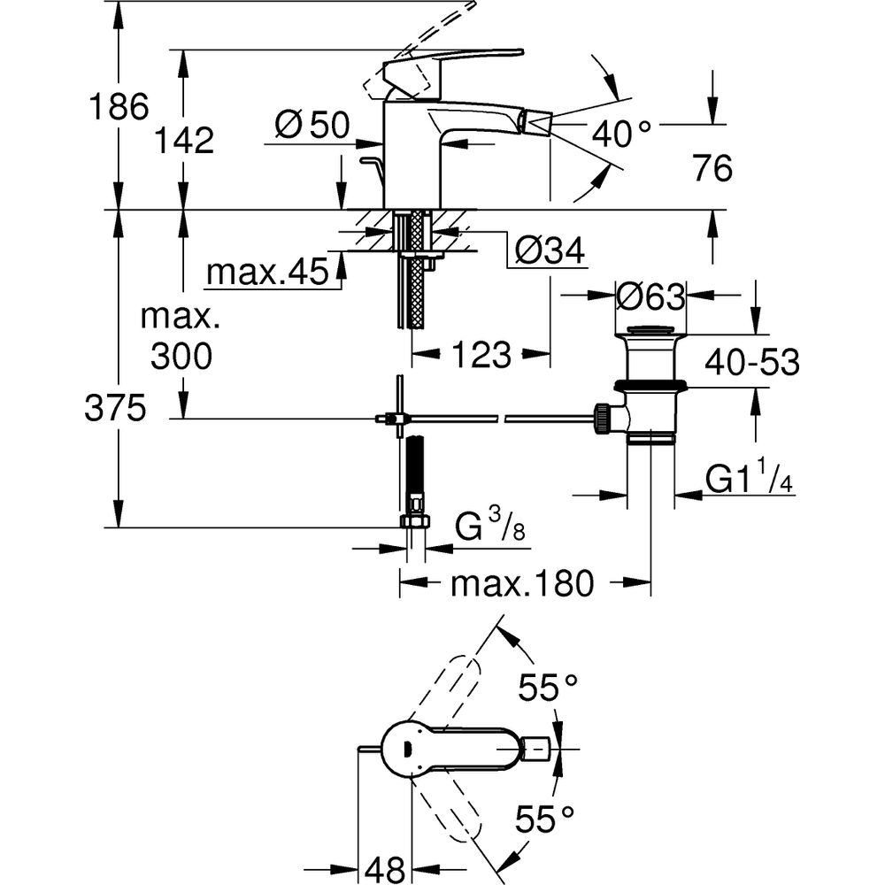 GROHE Bidet-Einhebelmischer Eurostyle Cosmopolitan 1/2", mit Ablaufgarnitur, chrom -33565002