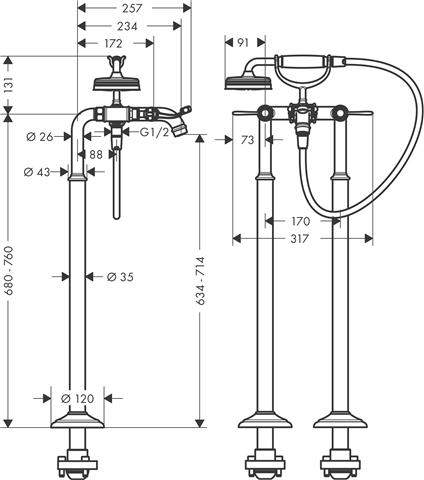 hansgrohe Fertigmontageset Axor Montreux DN 15, chrom, Wannen-2-Griff-Armatur, 234mm, Stand, Hebelgr