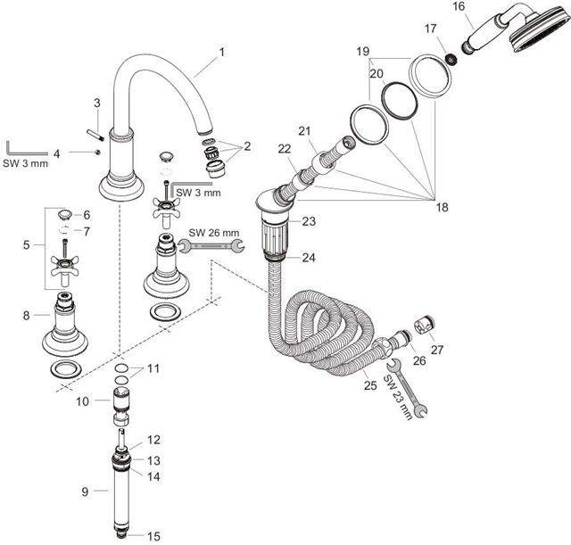 hansgrohe Fertigmontageset Axor Montreux DN 15, chrom, 4-Loch-Armatur, Wannenrandmontage, Kreuzgriff