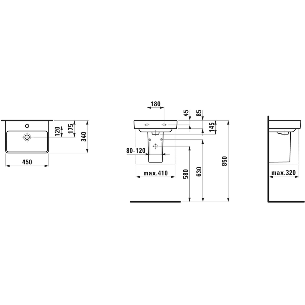 Laufen Handwaschbecken PRO S 45 x 34 cm, 1 HL, mit Überlauf, weiss