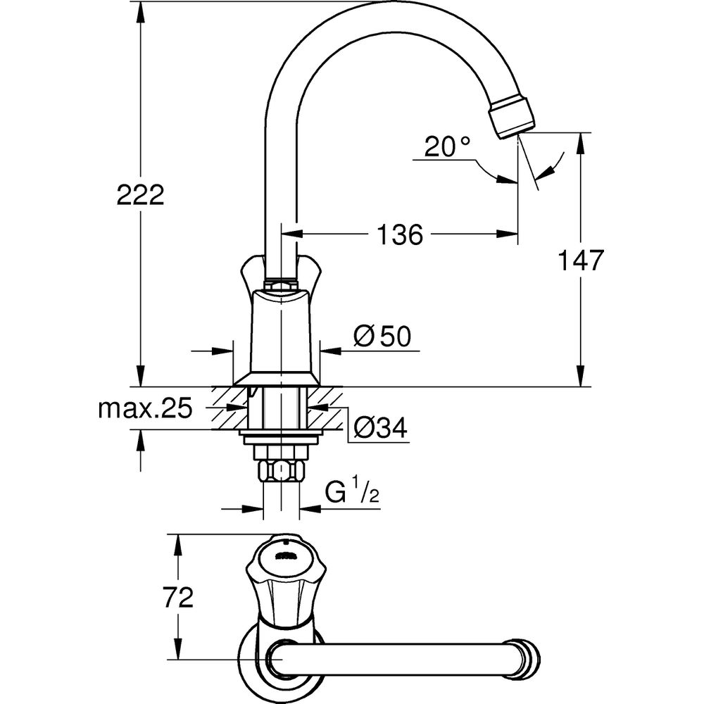 GROHE Standventil COSTA 1/2", schwenkbarer Rohrauslauf, Markierung blau, chrom -20393001